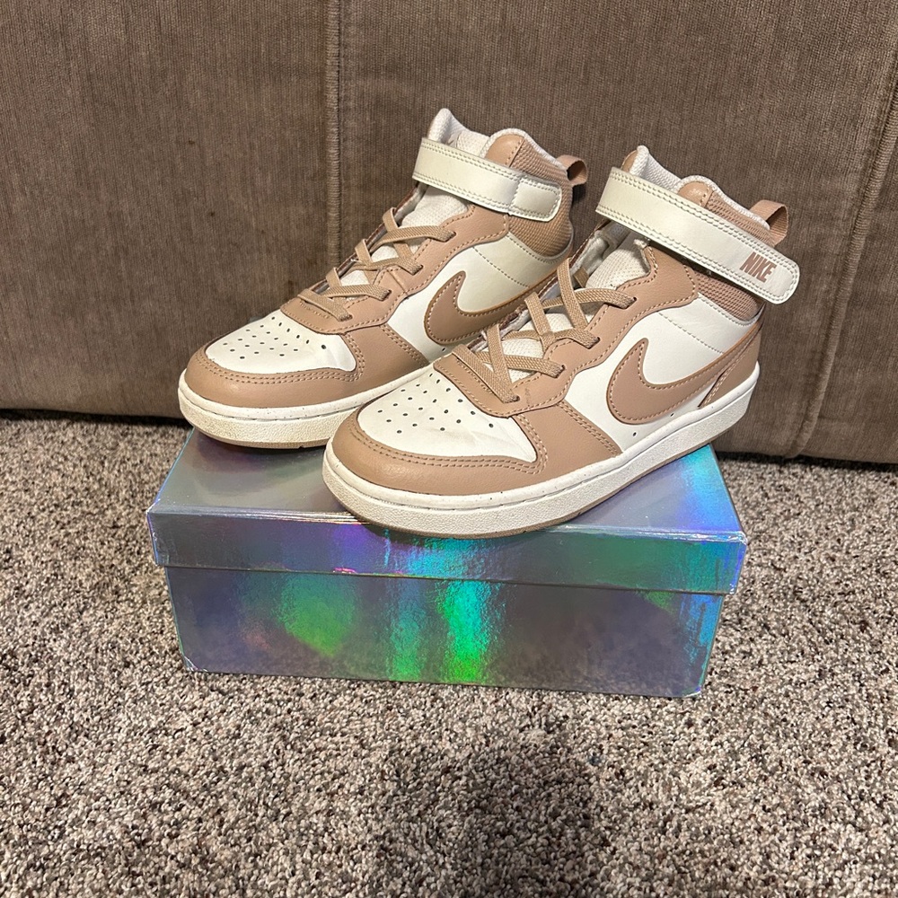 Nike Kids Court Borough Mid 2 High Top Sneakers - Off White/Tan - Size 2